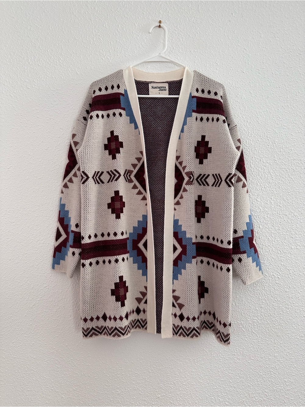 savanna jane maroon blue khaki aztec print open cardigan knit sweater